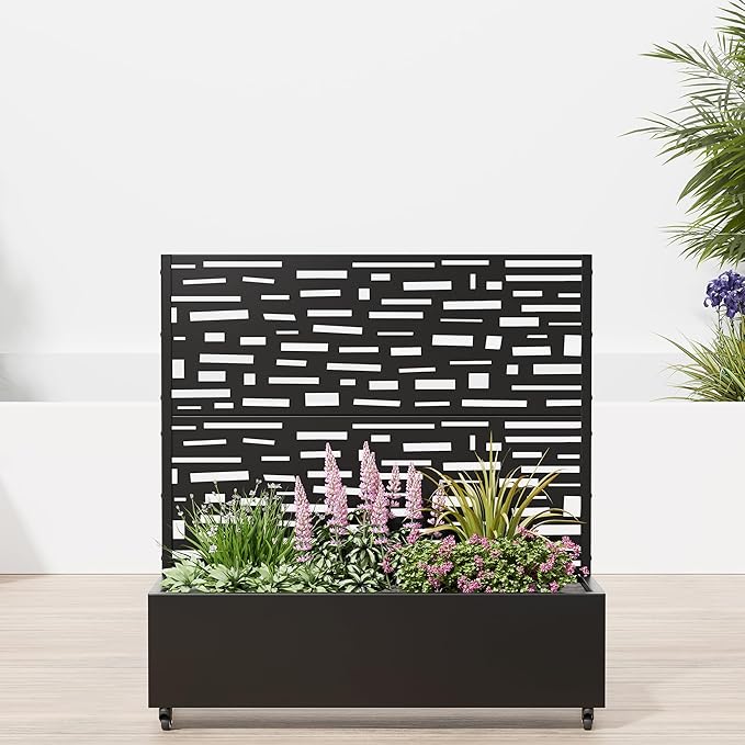 Casaphoria Raised Garden Bed Metal Planter Box with Trellis 47x47x16 for Outdoor Climbing Plants Flowers Vegetables and Vines Privacy Screen with Wheels and Drainage Holes(Black Street)