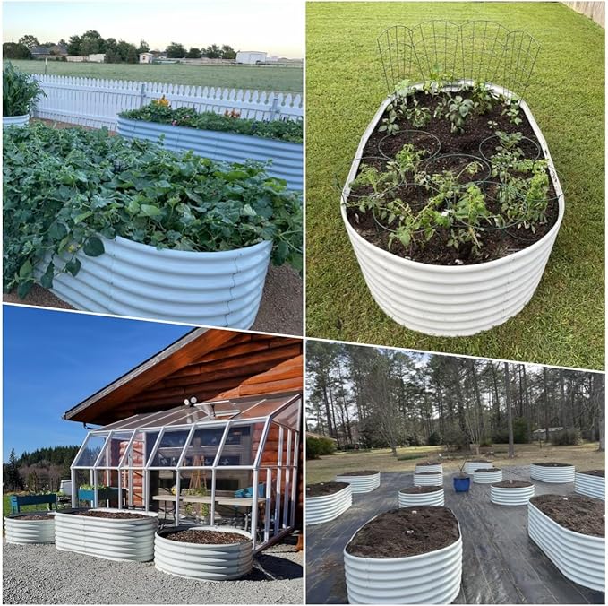 A ANLEOLIFE 8x4x2ft Galvanized Raised Garden Bed Kit Oval Metal Deep Root Planters for Outdoor Plants Vegetables Flowers Herb Large Bottomless 478 Gallon Capacity- Antique White