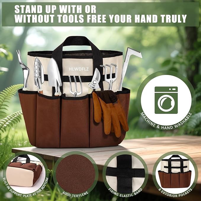 Garden Tool Set 12 Pcs Heavy Duty Floral Gardening Tools Kit with Gardening Hand Weeder Tools Durable Storage Bag and Gloves Gifts for Women and Men Brown