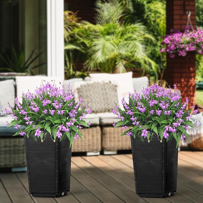 2 Pack Outdoor Garden Flower Standing Planter BoxOutdoor Tall Plastic Planter SetIndoor Outdoor Flower BedVertical Flower Pot Standwith Drainage Holesfor Patio Porch Yard Balcony (Dark Brown)