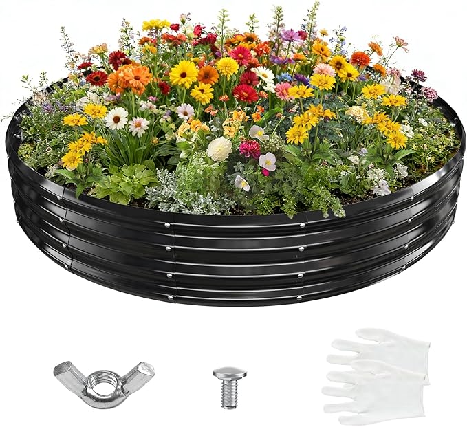 6FT Diameter Galvanized Garden Raised Bed/Plant Box/Fire Pit Ring-0.8mm Thick12 Inch TallCrimped Edge and CornerNo SharpePerfect for Plantings (Black 72 Dia X 12 inches)