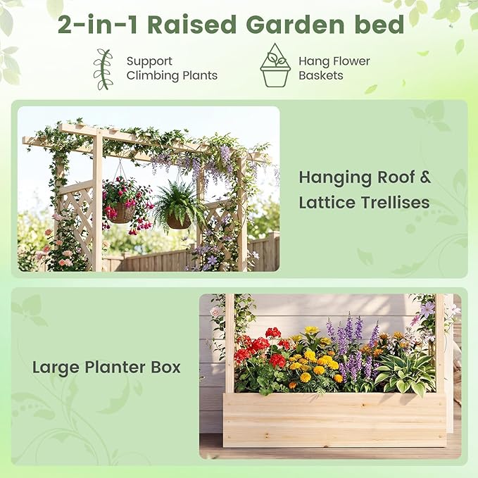 Raised Garden Bed with Trellis Wood Planter Box w/Trellis Hanging Roof Drainage Holes Freestanding Planter Raised Bed for Outdoor Climbing Plants Flowers Patio Yard Balcony (2 Natural)