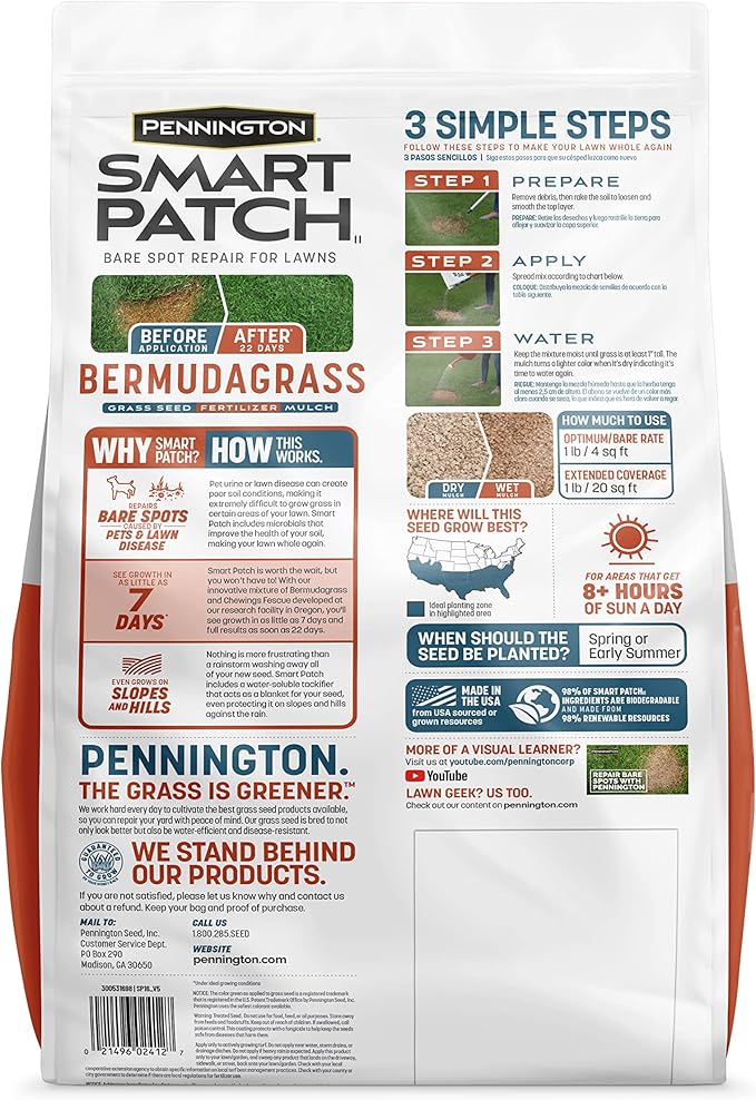 Pennington Smart Patch Bermudagrass 10lb 200 sq. ft. Grass Seed Bare Spot Repair with Mulch and Fertilizer