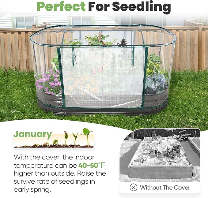 KING BIRD Raised Garden Bed with Cover Galvanized Oval Planter Garden Box Outdoor for Gardening Vegetables Flowers 71x36x12 in White
