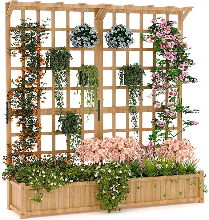 GarveeLife Two-Tier Wooden Planter Box with Trellis for Outdoor Gardens Elevated Raised Bed for Flowers and Vegetables 1.4 ft Deep Planter with Hanging Roof &amp Drainage Holes