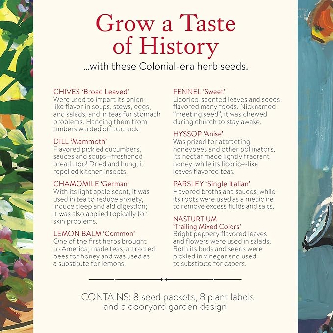 Burpee 'A Colonial Dooryard Herb Garden' – Heritage Kitchen Herb Starter Kit with 8 Non-GMO Seeds Plant Labels &amp Dooryard Garden Design Card