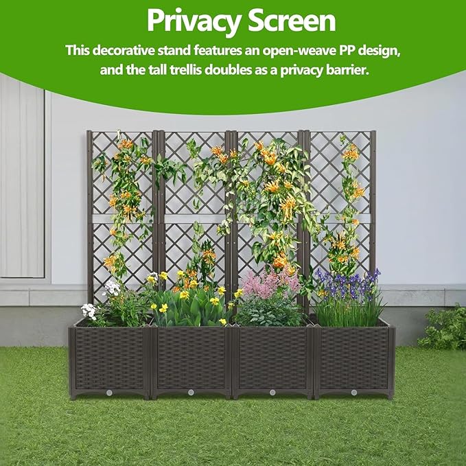 4 PCS Plastic Plant Box with Trellis Raised Garden Bed with Trellis Multifunctional Privacy Screen Planter for Climbing Plant Patio Balcony Backyard 63x16x56