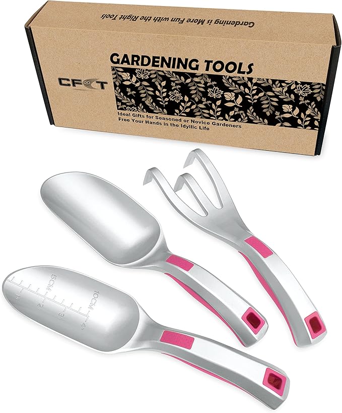 Garden Tool Set 3PC Bend Proof Gardening Tool Kits (Soil Scooper Garden Trowel Cultivator Hand Rake) One-Piece Aluminum Garden Gift Pink