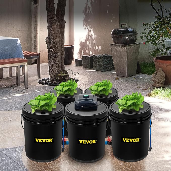 VEVOR DWC Hydroponic System 5 Gallon 5 Buckets Deep Water Culture Growing Bucket Hydroponics Grow Kit with Pump Air Stone and Connected Reservoir for Indoor/Outdoor Leafy Vegetables