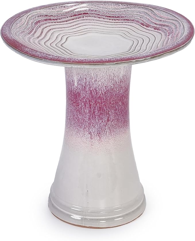 17'' Ceramic Bird Bath for Outside Elegant Tall Outdoor Bird Bath Lightweight Pedestal Glazed Birdbaths for Outdoors with Swirl Pattern Rose Ombre