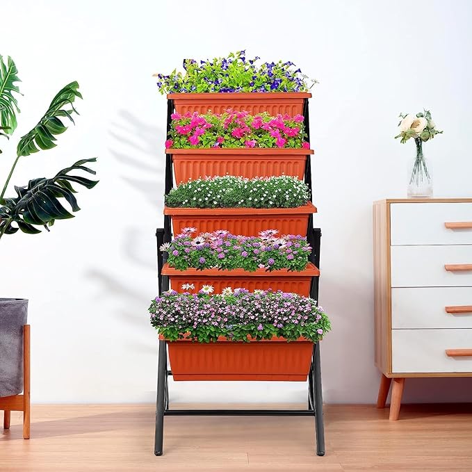 Homdox 5-Tier Elevated Garden Bed- Freestanding Vertical Raised Bed for Gardening 5 Garden Planter Boxes and 5 Hooks Perfect to Grow Vegetables Herbs Flowers Indoor(Brick Red)