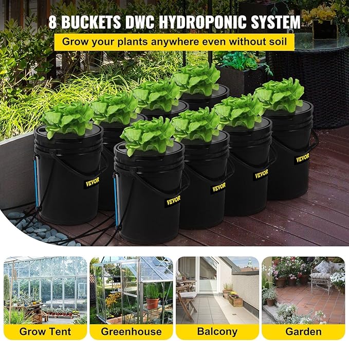 DWC Hydroponic System 5 Gallon 8 Buckets Deep Water Culture Growing Bucket Hydroponics Grow Kit with Pump Air Stone and Water Level Device for Indoor/Outdoor Leafy Vegetables