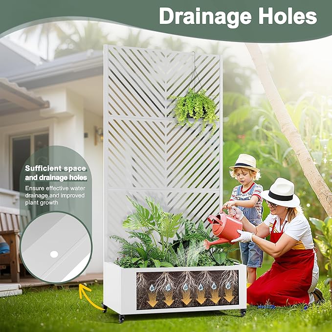 Metal Raised Garden Beds Outdoor with Trellis &amp Wheels Planter Box with Privacy Screen Drainage Holes for Vegetables Flowers Vines (35 L×16 W×71 H White Parallel)