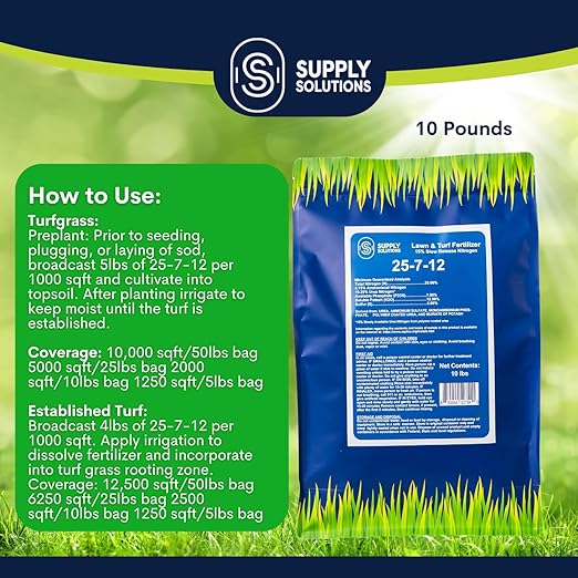 Supply Solutions 25-7-12 Lawn and Turf Fertilizer - 15% Slow Release Nitrogen Lawn Fertilizer for All Grass Types Shrubs - Turf Builder Plant Food Covers 2500 sq.ft (10lbs)
