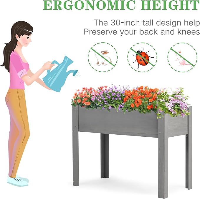 Raised Garden Bed with Legs 40x20x31'' Solid Wood Elevated Planter Box for Outdoor Backyard Patio