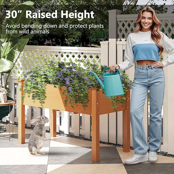 HAPPYGRILL Raised Garden Bed Outdoor Wood Garden Box w/Legs Drainage Holes Black Garden Liner Fabric Solid Wood Frame Elevated Planter Box for Backyard Patio Balcony 49” x 23” x 30” (L x W x H)