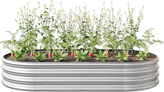 Raised Garden Bed Outdoor Oval Large Metal Raised Planter Bed for for Plants Vegetables and Flowers - Silver