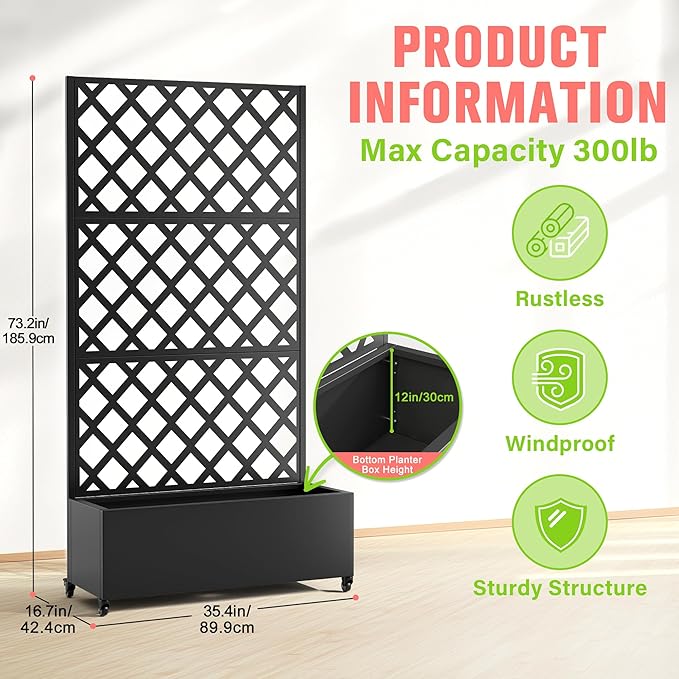 Metal Planter Box with Trellis Raised Garder Bed with Drainage Hole Privacy Screen &amp Trellis for Climbing Plants Outdoor Plant Stands 35''L×17''W×73''H Black