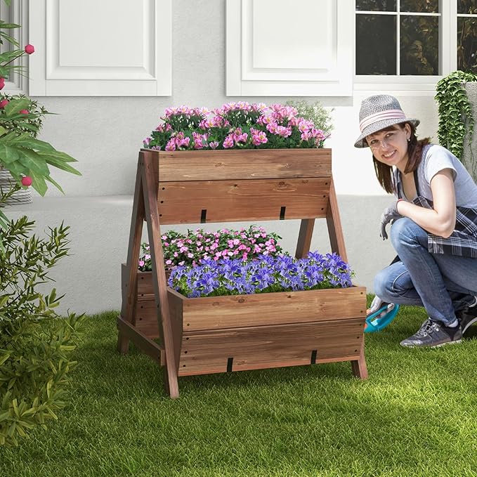 S AFSTAR 21-Inch Vertical Raised Garden Bed 3 Tiered Wooden Planter Boxes 26 L x 29 W x 29 H Drainage Holes Indoor Outdoor Flowerbed Freestanding Elevated Planter Box for Garden Flower Veggies