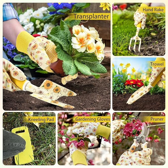 Gardening Gifts for Women Gardening Tools for Women 9 PCS Sunflower Garden Tools Set Kit with Garden Tool Bag Mother's Day Birthday for Gardener Mom Grandma Aunt Yellow