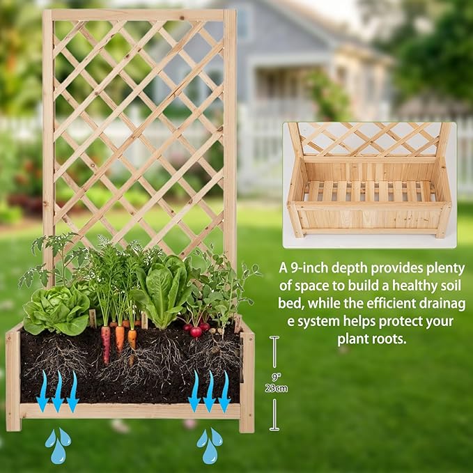 Wooden Raised Garden Bed with Trellis 47 Outdoor Planter Box for Climbing Plants Vertical Natural Wood Garden Planter for Vegetables Flowers &amp Vines Lattice Plant Support for Patio Yard Balco
