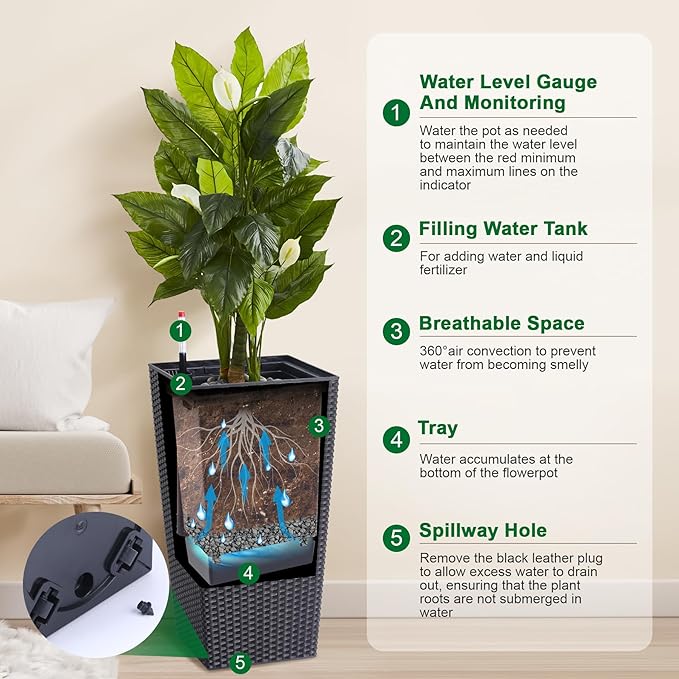 IDEALHOUSE 22.4 in Large Self-Watering Planters Set of 2 Tall Rattan Indoor Outdoor Planter Pots with Water Level Monitor Drainage Holes Inner Bucket &amp Hidden Pulley for Home Patio Balcony Bla