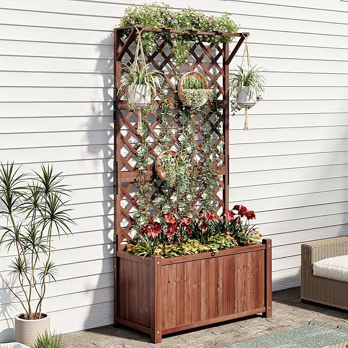 AMERLIFE Raised Garden Bed with Trellis for Vegetables Climbing Plants Durable Natural Wood Planter Box with Drainage Holes Privacy Planter for Outdoor Yard &amp Patio Easy Assembly