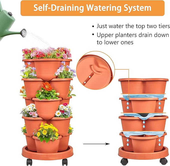 VECELO 5 Tier Vertical Garden Planter Self Watering Stackable Planters with Wheels for Strawberries Herbs Flowers Vegetables Red