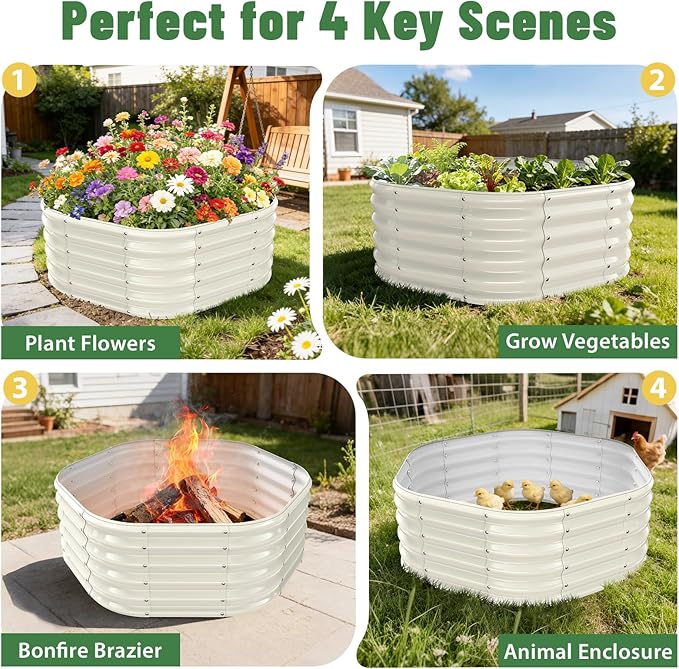 Hexagon Raised Garden Bed 48 Inch Diagonal &amp 16.5 Inch Tall Galvanized Steel Planter Box with Wave-Shaped Metal Panels for Outdoor FlowerTreeHerb &amp Vegetable Garden (Cream white 4FT X 1.5