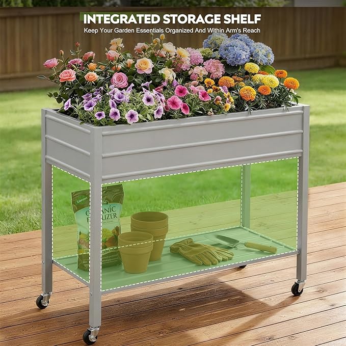 ZORMY 32 Tall Galvanized Raised Garden Bed with Legs Wheels &amp Shelf Elevated Planter Box Outdoor for Vegetables Herbs &amp Flowers Patio &amp Backyard Garden Bed with 400lb CapacityGrey