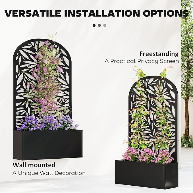 Outsunny Metal Raised Garden Bed with Trellis for Climbing Plants Freestanding or Wall Mounted Flower Bed with Cueved Privacy Panel Leaves Cut-Out Outdoor Planter Box for Garden Patio Balcony