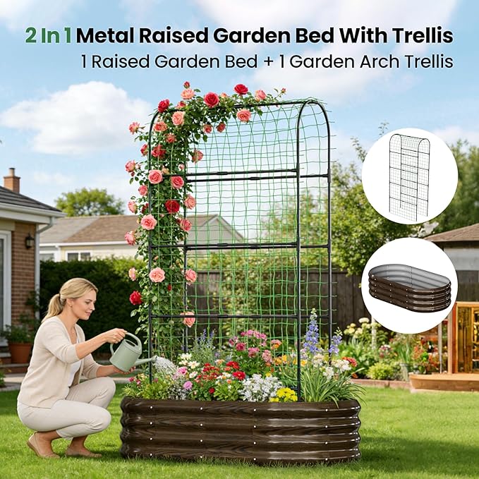 2 in 1 Galvanized Raised Garden Bed with 71 H Arch Trellis for Climbing Plants Outdoor Gardening Planter Box with Climbing Net for Flowers Vegetables Fruits Herbs Wood Grain
