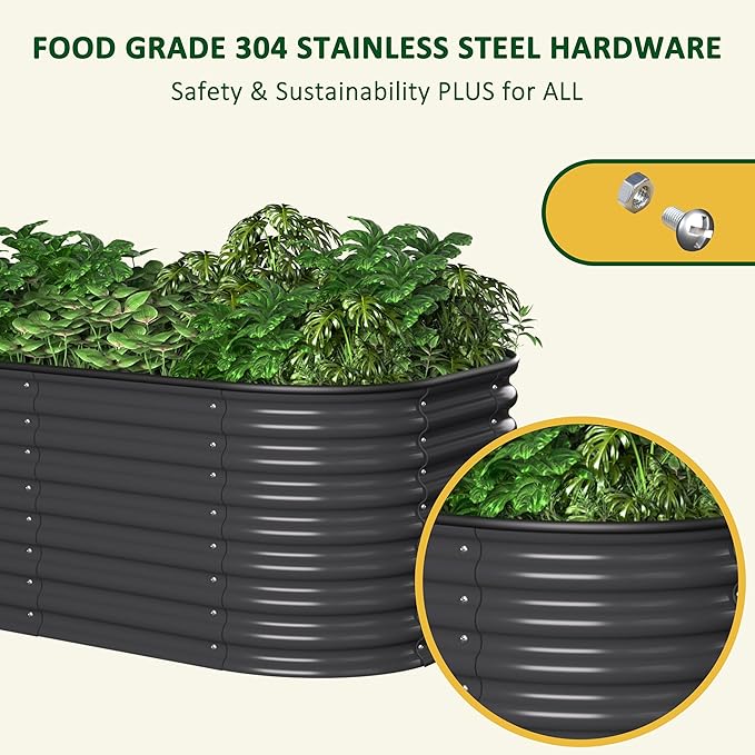 6ftx3ftx2ft Raised Garden Bed Outdoor for Vegetables 9-in-1 Galvanized Metal Planter Box with 2 Aluminum Support Rods 24''H Modular Garden Bed Kit Oval for Herbs and Flowers Gray
