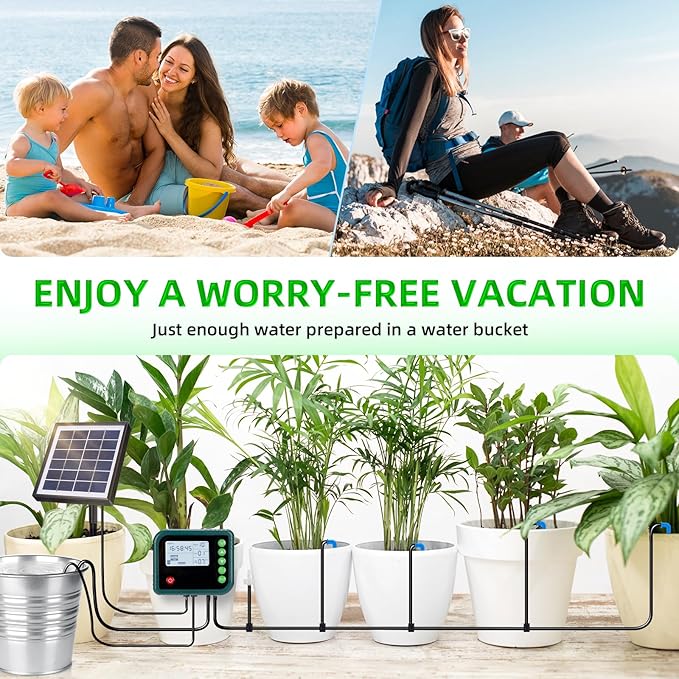 Solar Automatic Drip Irrigation Kit SystemAutomatic Plant Watering Devices Programmable Water TimerLED Display for 15 Potted Plants Outdoor Indoor Garden Balcony Vacation