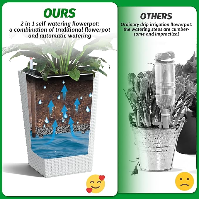 IDEALHOUSE 16 in Self-Watering Planters Set of 2 Tall Rattan Indoor Outdoor Planter Pots with Water Level Monitor Drainage Holes &amp Inner Bucket for Home Patio Balcony White