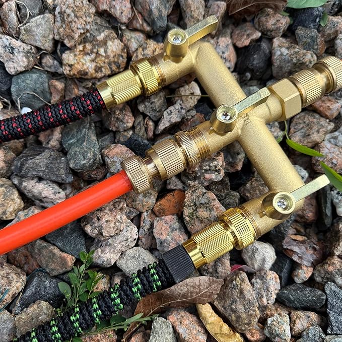 EBH Brass Garden Hose Splitter 3 Way High Flow Outdoor Faucet SplitterFull Flow 3-Way Brass Heavy Duty Hose Splitter With 3 Long Metal Handle and Individual On/Off Valve。