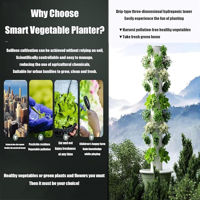 Auto Water Circulate Hydroponics TowerSoilless Cultivation Vertical Tower Farming Garden PlanterHydroponics Growing Towerwith Water Circulation and Automatic Timer Black-7layers+plantlight