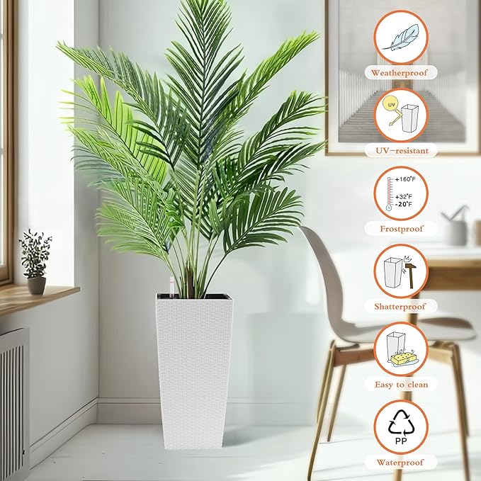 Square Planter for Indoor or Outdoor Use 22 Inch High Faux Rattan Flower Pot with Automatic Watering System for Porch Patio Backyard Makes Keeping Flowers Easier (Pack of 2 White)