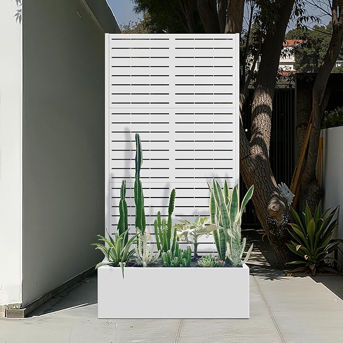 Metal Planter Box with Trellis for Patio 35 L×16 W×71 H Raised Garden Bed with Trellis Privacy Screen Planter Box for Climbing Plants Outdoor (White Blinds)
