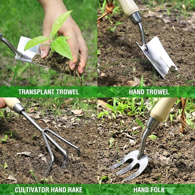 WORKPRO Garden Tools Set 8 Piece Stainless Steel Heavy Duty Gardening Tools with Wooden Handle Including Garden Tote Gloves Trowel Hand Weeder Cultivator and More-Gardening Gifts For Women Men