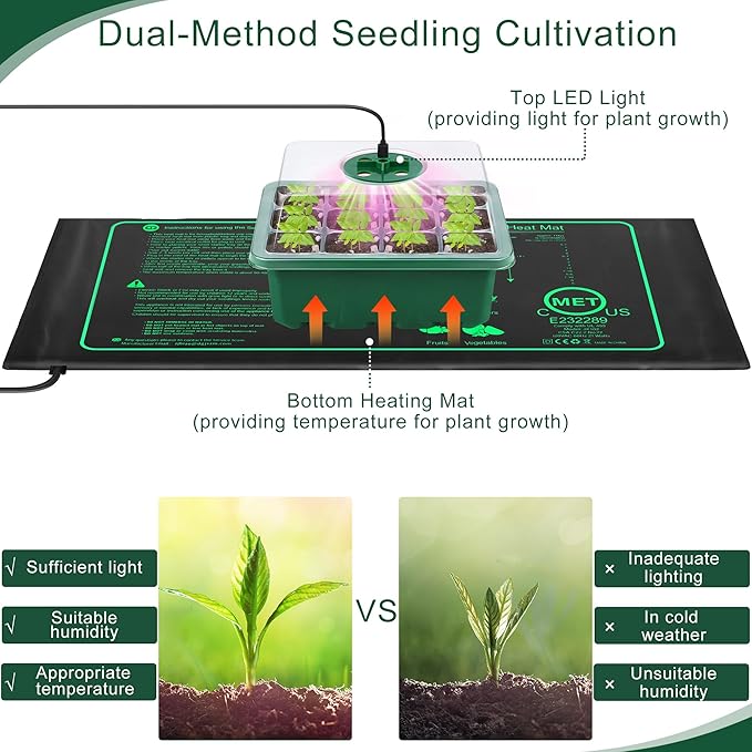 6 Pack Seed Starter Tray Kit with Grow Light and Seedling Heat Mat 72 Cells Seed Starter Tray with Humidity Dome and Base Plastic Plant Growing Germination Trays for Seed Propagation Green