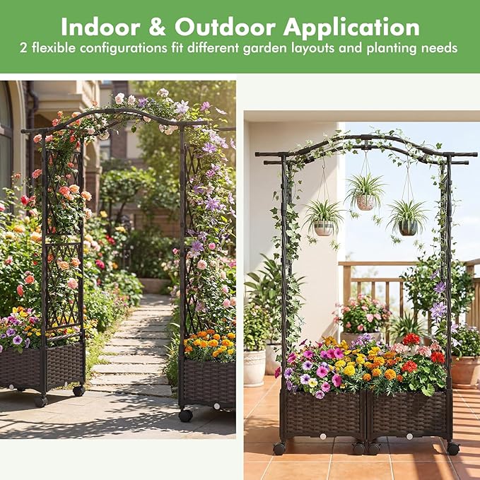 HAPPYGRILL Raised Garden Bed with Trellis Tall Self-Watering Planter Box on Lockable Wheels w/Roof Weatherproof Rattan Garden Bed Outdoor for Climbing Vine Flower (41” x 16” x 58”)