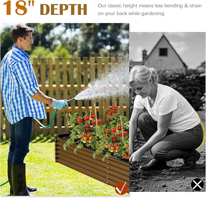 Domi 8x4x1.5ft Metal Raised Garden Beds Outdoor Thickened Galvanized Steel Deep Root Planter Box with Stabilizing Bars &amp Rubber Edging for Vegetables Flowers Herbs - Brown