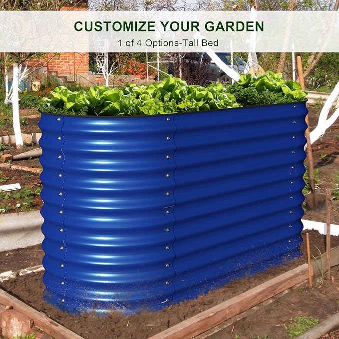 Olle 4-Style Modular Galvanized Raised Garden Beds Outdoor Easy Quick Setup 17 Tall 4-in-1 Metal Planter Boxes Outdoor for Flowers Vegetables Fruits Herbs DIY Gardening Cobalt Blue
