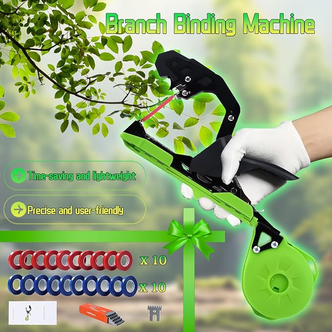 Plant Tying Machine 20 Tapener Tying Tool Plant Tying Tool with Spare Blade and a Box of Staple for Quick Bundling of Tomatoes Grapes and Vegetables (Green)