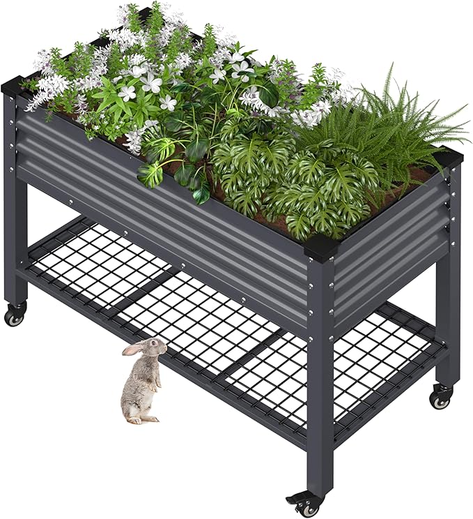 BlueWish 48 W x 24 D x 34 H Outdoor Galvanized Garden Bed Elevate Raised Bed with Detachable Black Liner Rolling Casters Storage Shelf Planter Boxes for Gardening Vegetable Flower Grey
