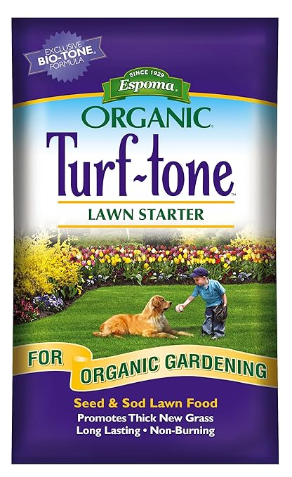 Turf-Tone Lawn Starter Natural &amp Organic Starter Fertilizer. with Long Lasting Nitrogen Phosphorus and Our Bio-Tone Formula. 30 lb. Bag Covers up to 3000 Sq. Ft.