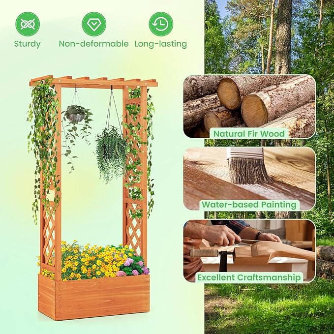 S AFSTAR Raised Garden Bed with Trellis Wood Planter Box with Hanging Roof &amp Drainage Holes for Climbing Plants Vines Flowers &amp Vegetables Indoor Outdoor Plant Container for Patio &amp Ya