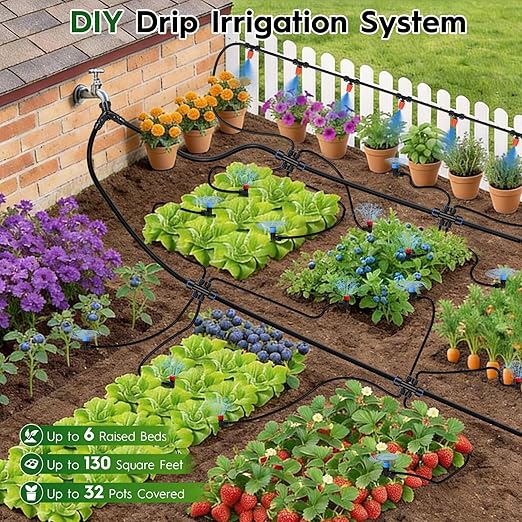 2026-Upgrade Quick-Connect Drip Irrigation System Garden Irrigation Kit with 2/5 &amp 1/4 Tubing and Adjustable Nozzles &amp Sprinklers Automatic Watering System for Garden Lawn Greenhouse