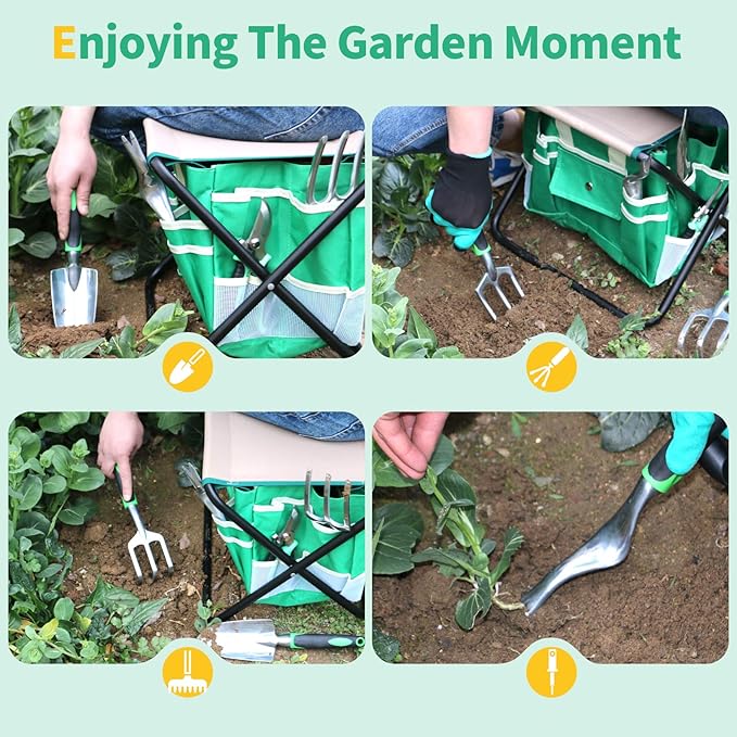 Kitness 9 PCS All-in-One Garden Tools Set Heavy-Duty Cast-Aluminum Gardening Kit with Folding Stool Seat and Detachable Canvas Tool Bag Durable Hand Tools Gift Set for Gardening Lovers